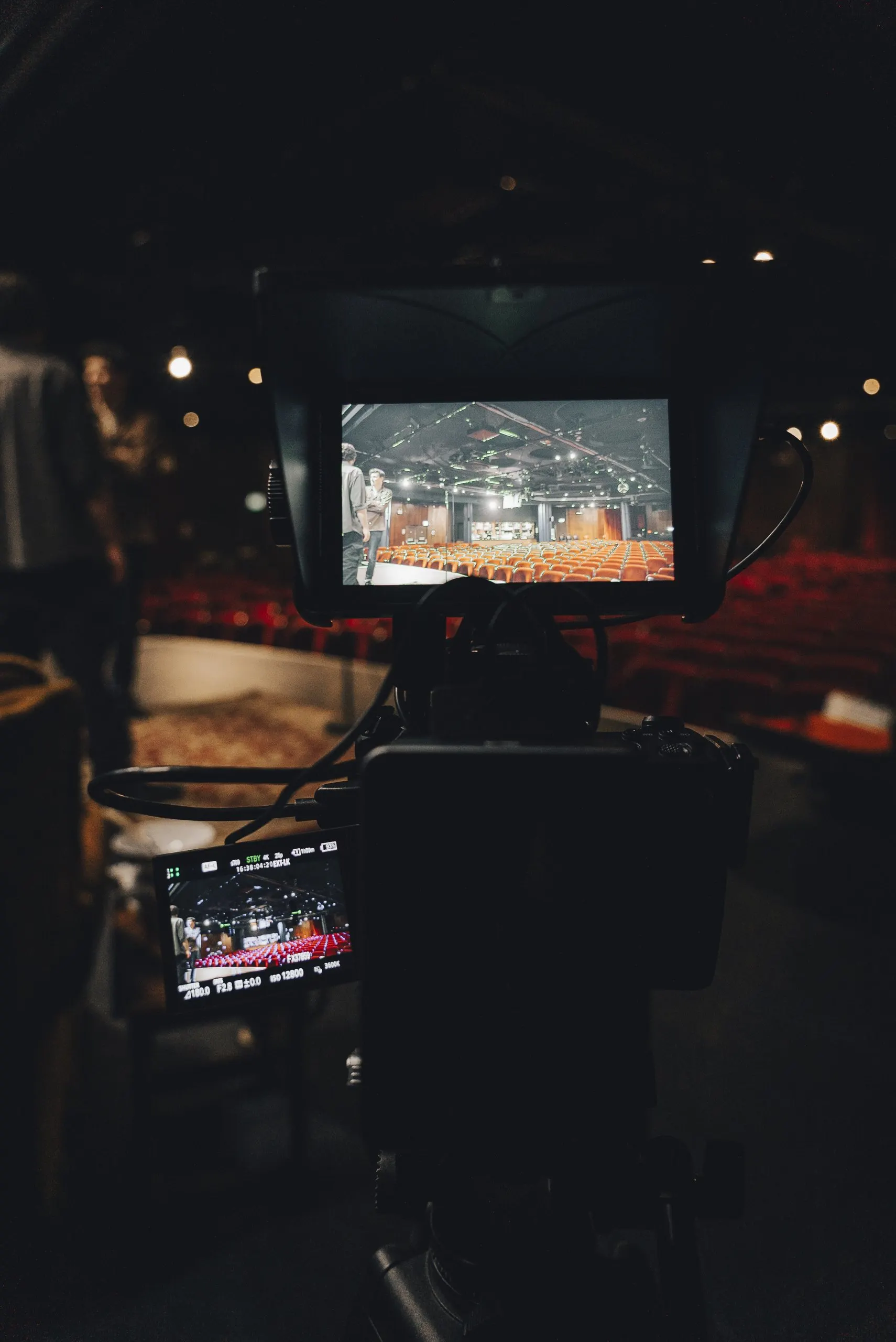 A camera monitor showing the stage from the back of the theatre